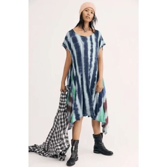 Free People Dreamland Blue Green Tie Dye Asymmetrical Dress Women's Size XS - Picture 1 of 7